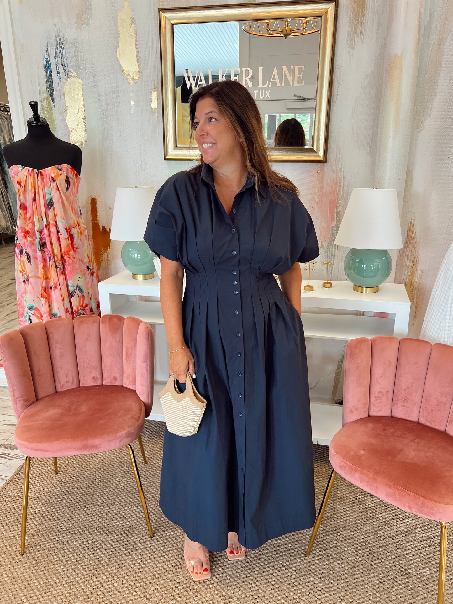 Poplin Button-Front Pleated Midi Shirt Dress - NAVY