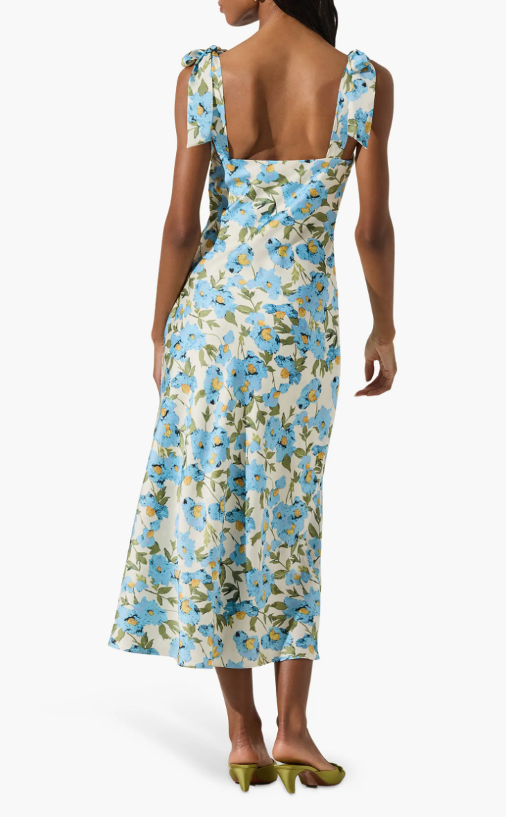 BOW STRAP SATIN MIDI DRESS