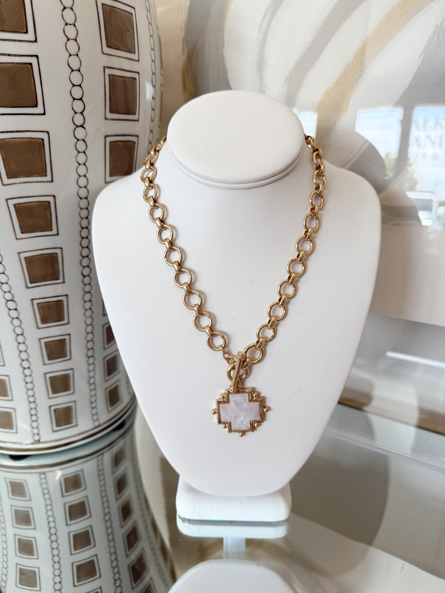 VINTAGE GOLD & CREAM CROSS NECKLACE