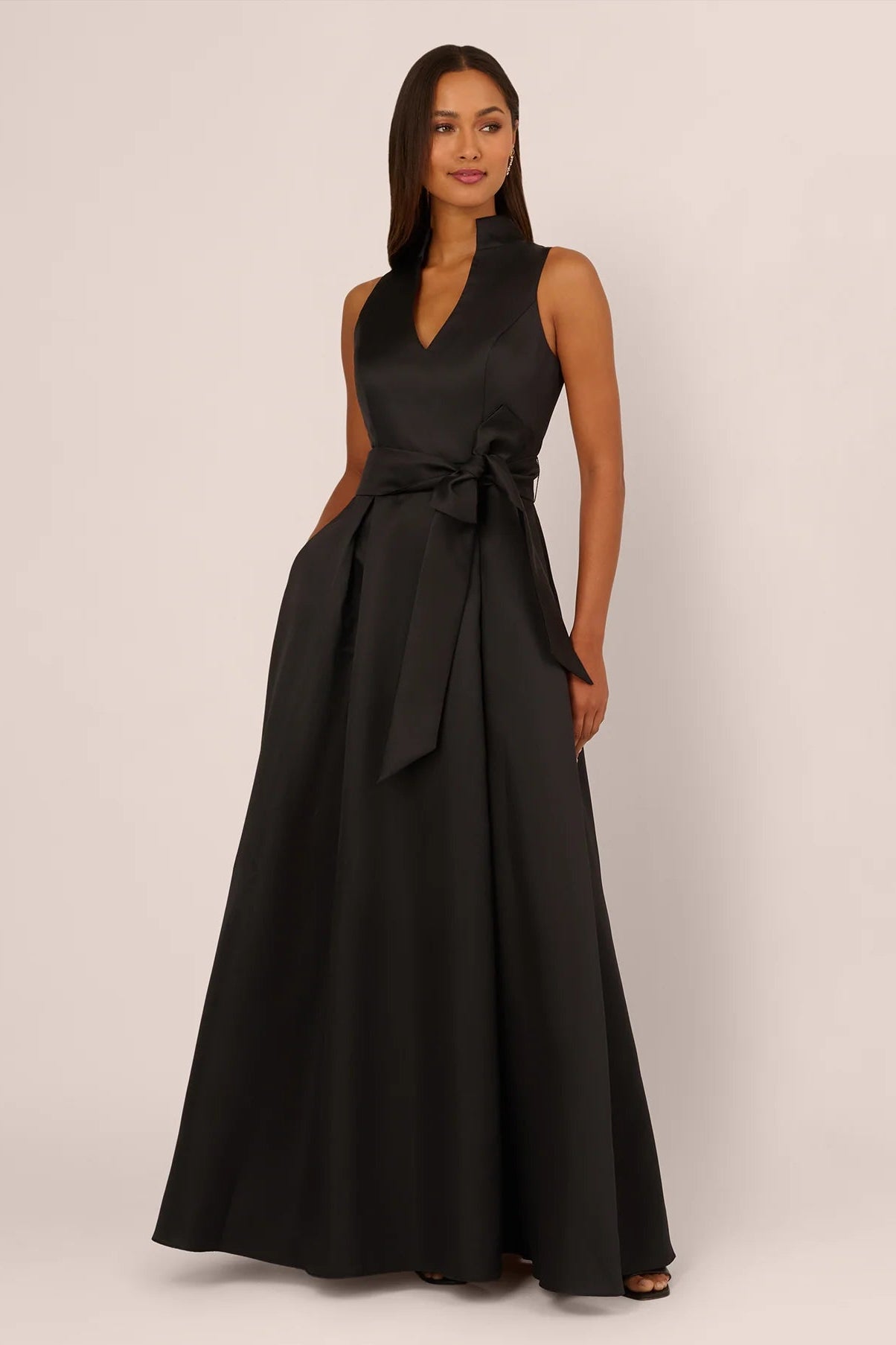 Sleeveless Queen Anne Tie Front Ballgown