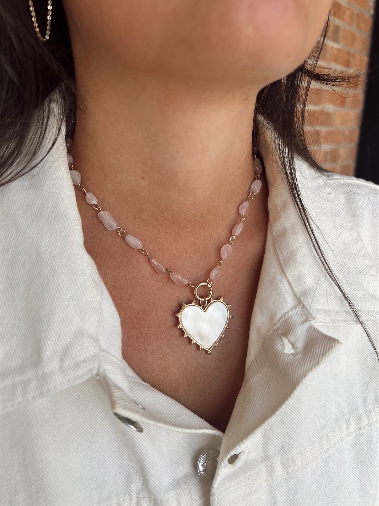 HEART & SEMI STONE NECKLACE - ROSE QUARTZ