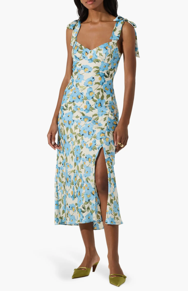 BOW STRAP SATIN MIDI DRESS