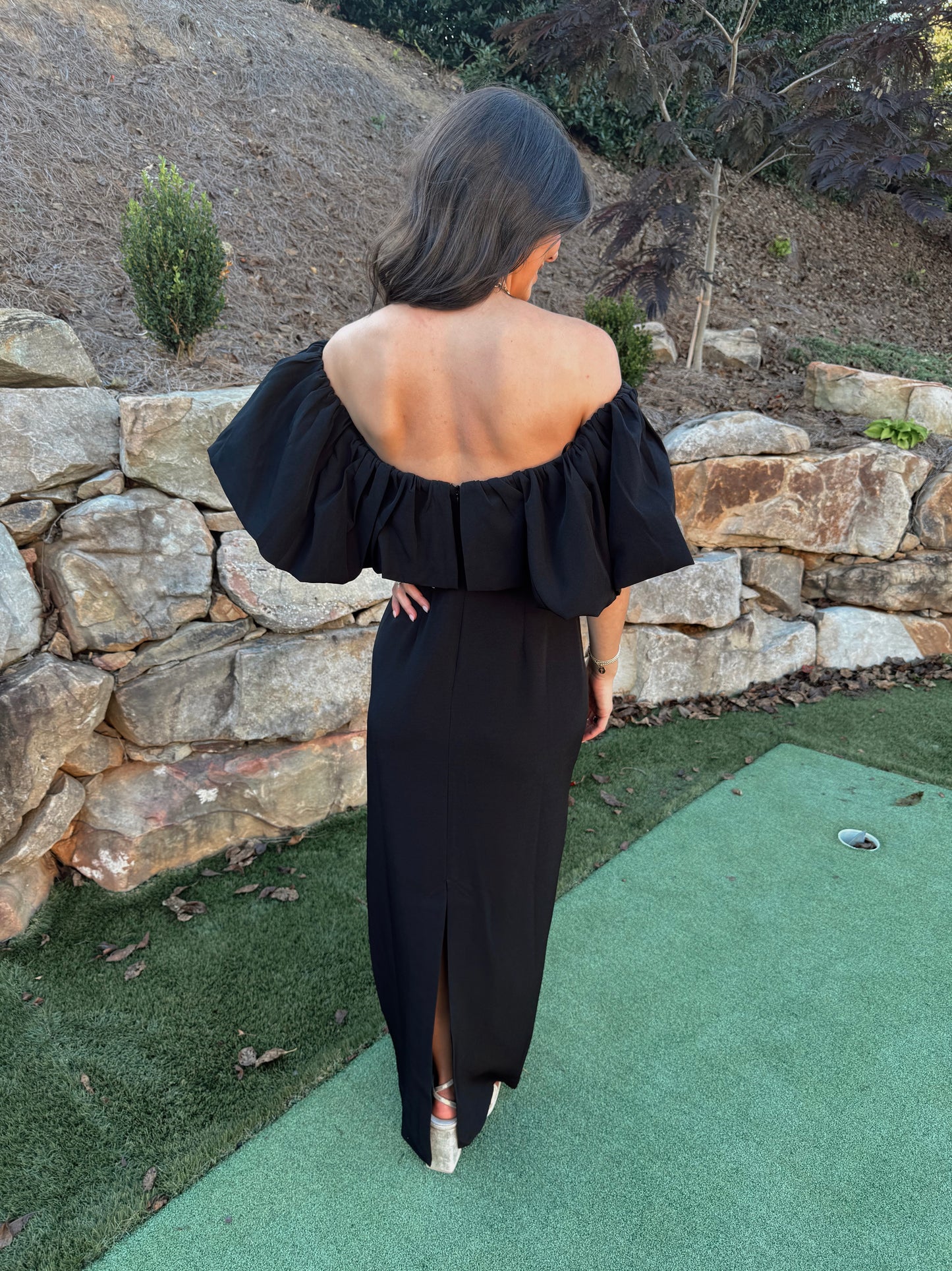 Off the Shoulder Ruffle Crepe Dress