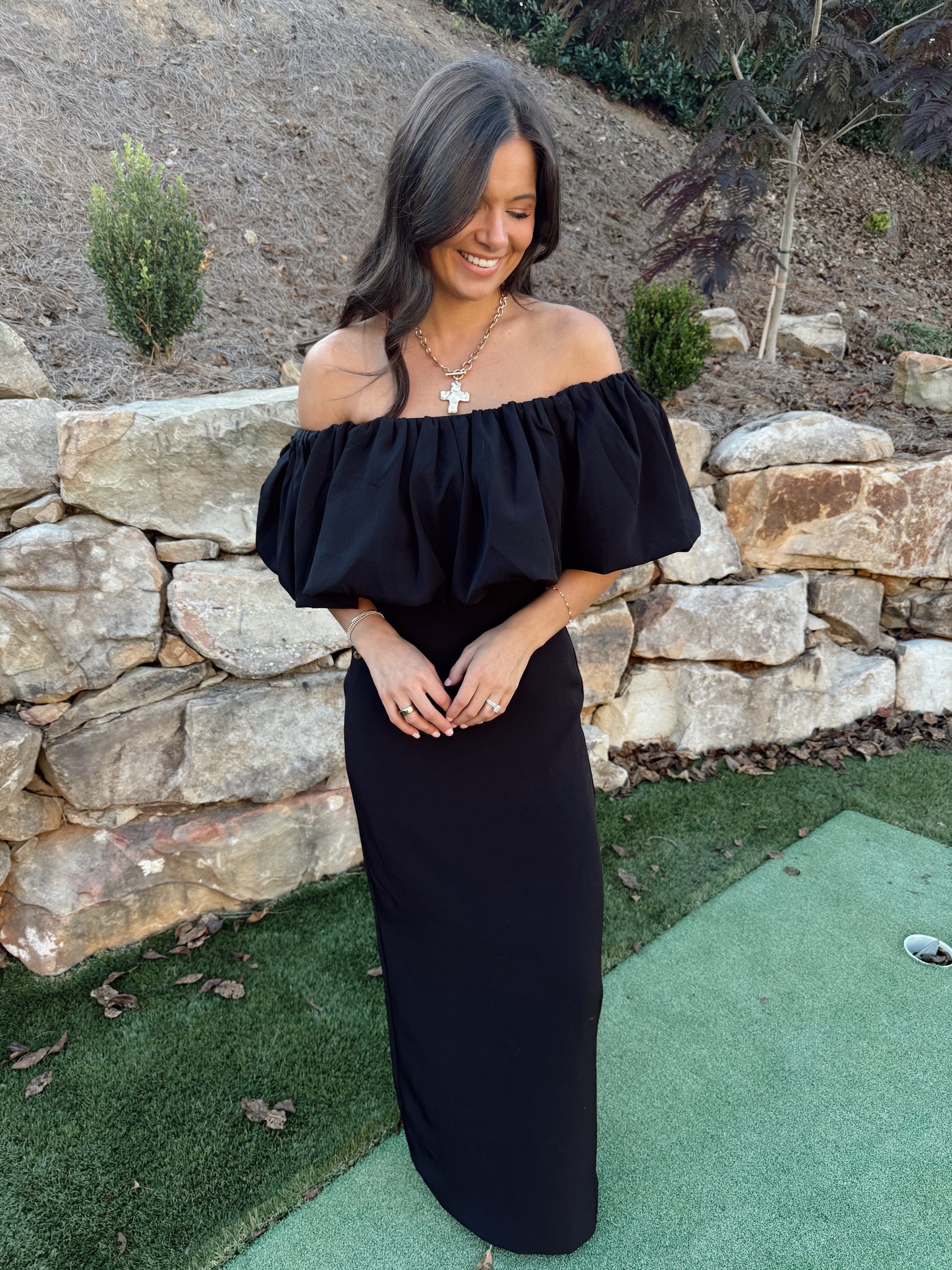 Off the Shoulder Ruffle Crepe Dress