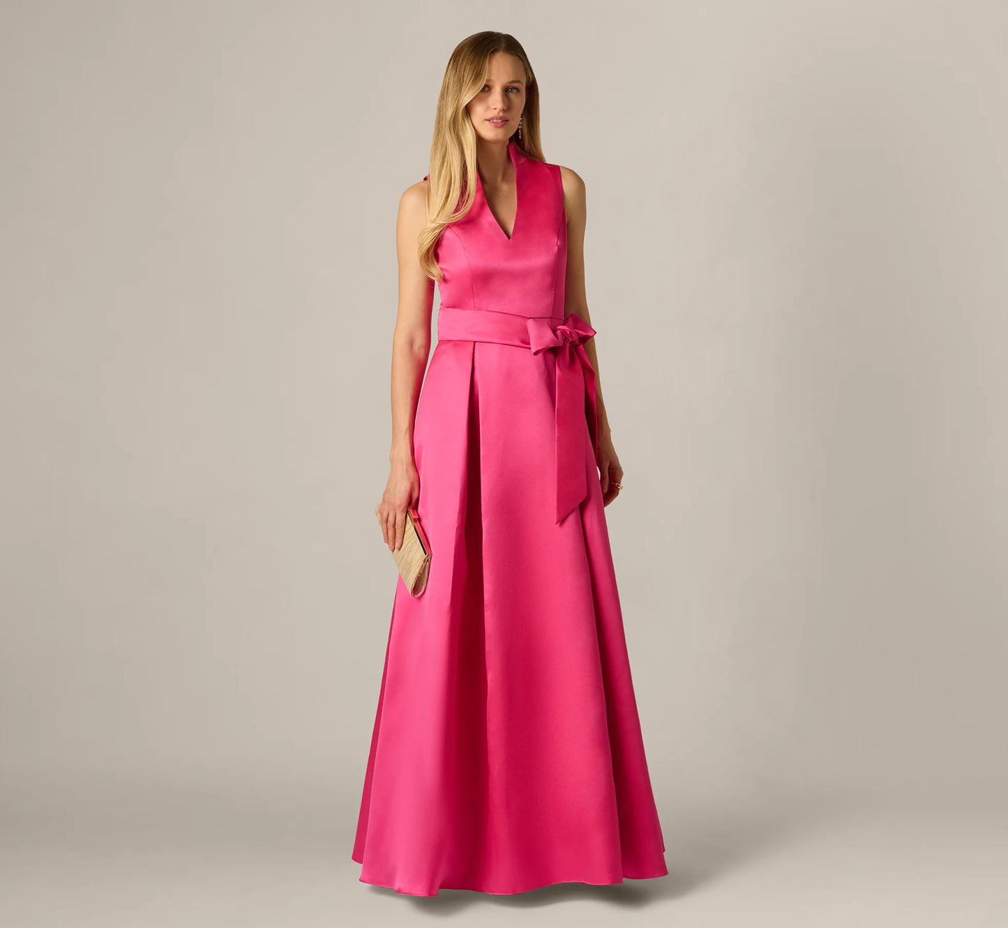 Sleeveless Queen Anne Tie Front Ball Gown
